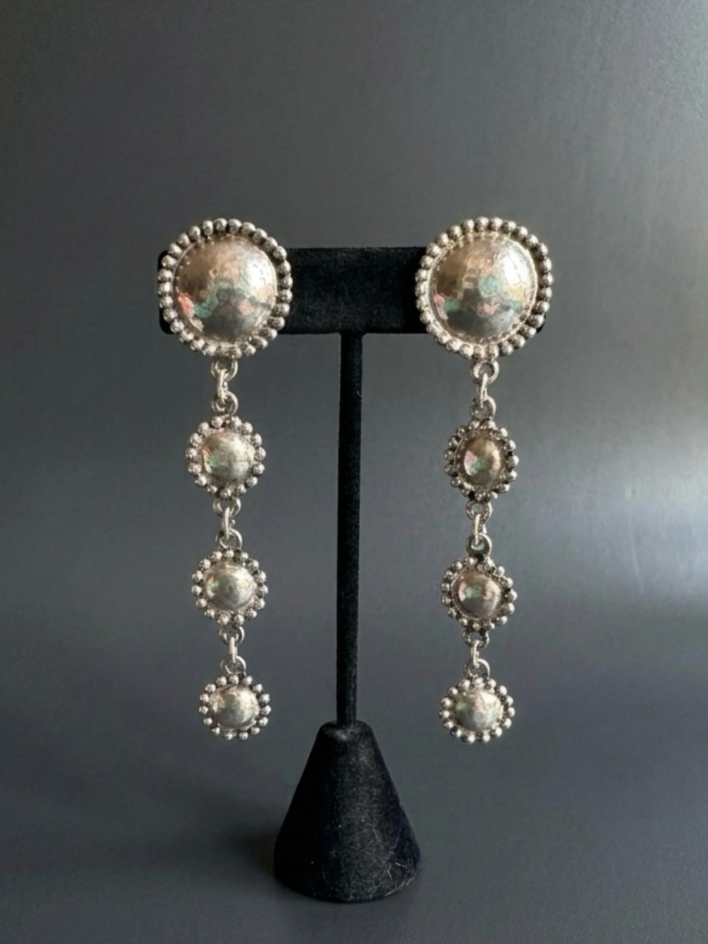 VTG Anica Paris Brutalist Silver Tone Multi-Tier Drop Dangle Clip On Earrings